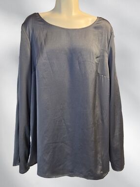 Carmen Marc Valvo Gray Satin Blouse Button Sleeve Minimalist Top Size Large